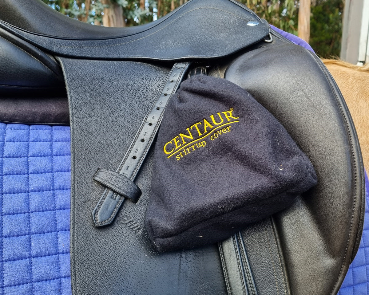 Centaur fleece stirrup covers on saddle